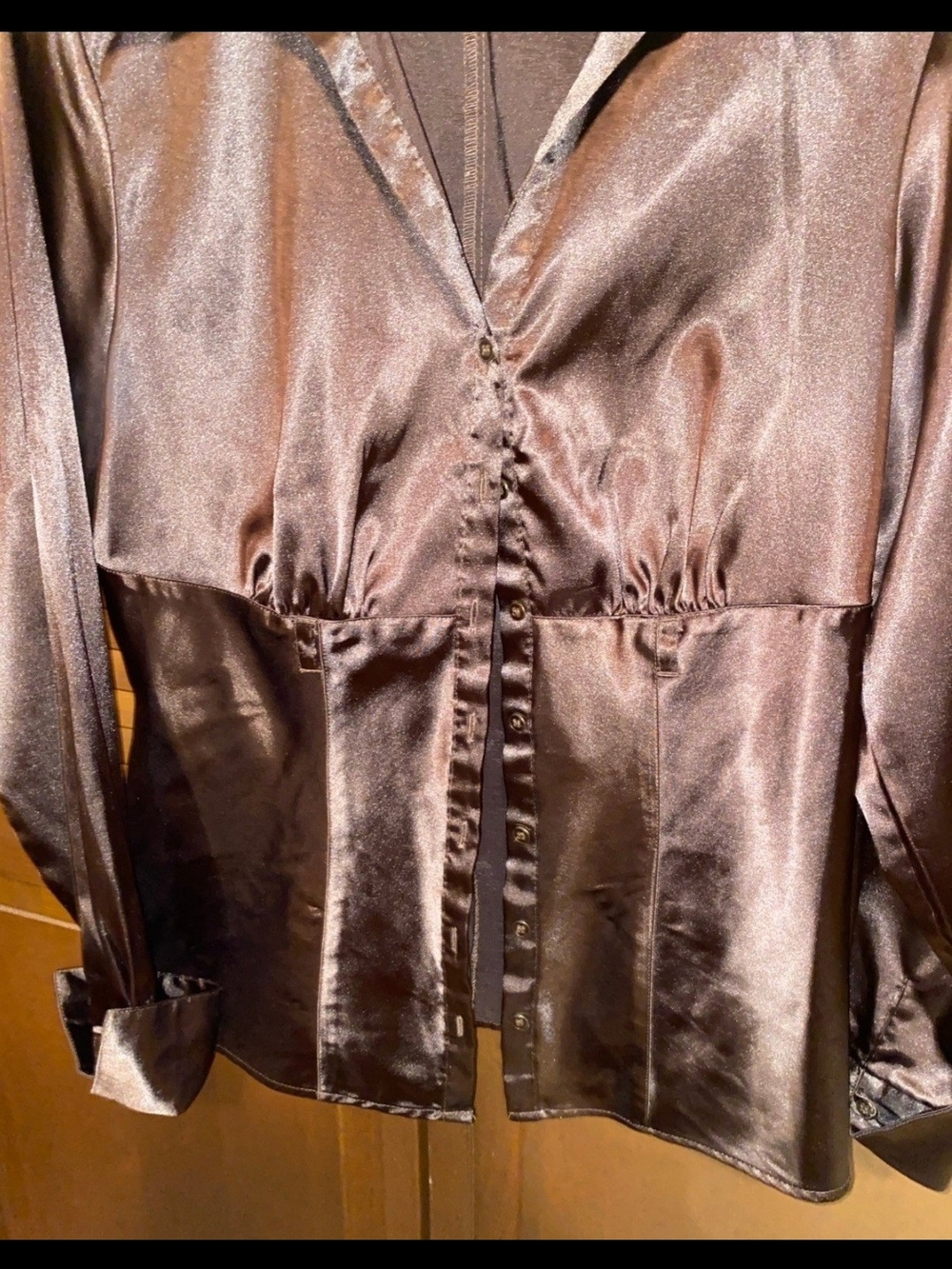 CATO NWOT Satin Button-Front Blouse in Deep Chocolate